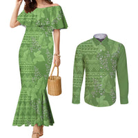 Hawaii Molokai Island Kukui Nut Flowers Couples Matching Mermaid Dress and Long Sleeve Button Shirt Tribal Kakau Pattern LT9 Green - Polynesian Pride