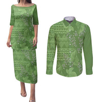 Hawaii Molokai Island Kukui Nut Flowers Couples Matching Puletasi and Long Sleeve Button Shirt Tribal Kakau Pattern LT9 Green - Polynesian Pride