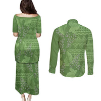 Hawaii Molokai Island Kukui Nut Flowers Couples Matching Puletasi and Long Sleeve Button Shirt Tribal Kakau Pattern LT9 - Polynesian Pride
