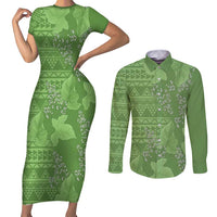 Hawaii Molokai Island Kukui Nut Flowers Couples Matching Short Sleeve Bodycon Dress and Long Sleeve Button Shirt Tribal Kakau Pattern LT9 Green - Polynesian Pride