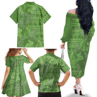 Hawaii Molokai Island Kukui Nut Flowers Family Matching Off The Shoulder Long Sleeve Dress and Hawaiian Shirt Tribal Kakau Pattern