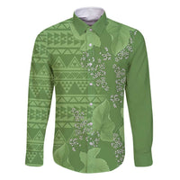Hawaii Molokai Island Kukui Nut Flowers Family Matching Off Shoulder Short Dress and Hawaiian Shirt Tribal Kakau Pattern LT9 Dad's Shirt - Long Sleeve Green - Polynesian Pride