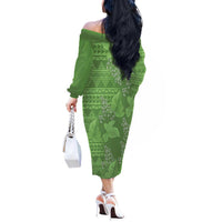 Hawaii Molokai Island Kukui Nut Flowers Off The Shoulder Long Sleeve Dress Tribal Kakau Pattern LT9 - Polynesian Pride