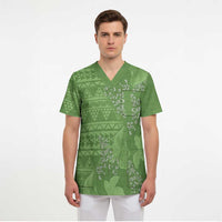 Hawaii Molokai Island Kukui Nut Flowers Scrub Top Tribal Kakau Pattern - Polynesian Pride
