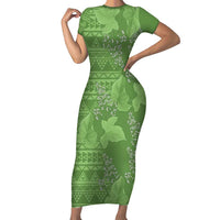 Hawaii Molokai Island Kukui Nut Flowers Short Sleeve Bodycon Dress Tribal Kakau Pattern LT9 Long Dress Green - Polynesian Pride
