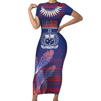 Custom Samoa 1962 Independence Day Custom Short Sleeve Bodycon Dress Manuia le Aso Tuto'atasi Ula Nifo Blue Art LT9 Long Dress Blue - Polynesian Pride