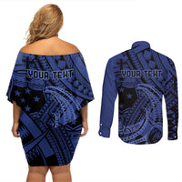 Custom Samoa 62nd Manuia le Aso Tuto'atasi Couples Matching Off Shoulder Short Dress and Long Sleeve Button Shirt Samoan Tatau Blue Art