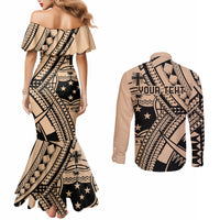 Custom Samoa Manuia le 62 Tausaga O le Tuto’atasi Couples Matching Mermaid Dress and Long Sleeve Button Shirt Samoan Tatau Beige Art