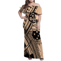Custom Samoa Manuia le 62 Tausaga O le Tuto’atasi Family Matching Off Shoulder Maxi Dress and Hawaiian Shirt Samoan Tatau Beige Art