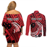 Custom Samoa Manuia le 62 Tausaga O le Tuto’atasi Couples Matching Off Shoulder Short Dress and Long Sleeve Button Shirt Samoan Tatau Red Art