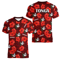 Tonga Rugby Women V Neck T Shirt Polynesian Style With Hibiscus LT9 - Polynesian Pride