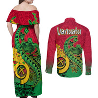 Vanuatu Islands Couples Matching Off Shoulder Maxi Dress and Long Sleeve Button Shirts Polynesian Tattoo and Sea Turtle LT9 - Polynesian Pride