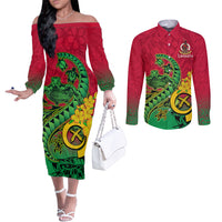 Vanuatu Islands Couples Matching Off The Shoulder Long Sleeve Dress and Long Sleeve Button Shirts Polynesian Tattoo and Sea Turtle LT9 Green - Polynesian Pride