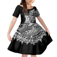 671 Guam Personalised Family Matching Off The Shoulder Long Sleeve Dress and Hawaiian Shirt Latte Stone Tribal LT9 Daughter's Dress Black - Polynesian Pride