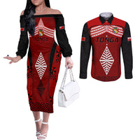 Tonga Rugby Couples Matching Off The Shoulder Long Sleeve Dress and Long Sleeve Button Shirts Go Champions World Cup 2023 Ngatu Unique LT9 Red - Polynesian Pride