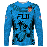 Custom Fiji Rugby Long Sleeve Shirt Go Champions World Cup 2023 Tapa Unique Blue Vibe LT9 Unisex Blue - Polynesian Pride