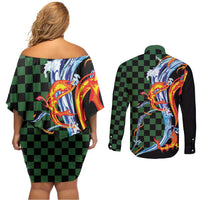 Japanese Asanoha Pattern Couples Matching Off Shoulder Short Dress and Long Sleeve Button Shirt Sun Flame Slayer Dragon Hinokami Kagura Spirit - Polynesian Pride