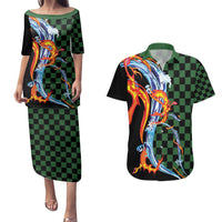 Japanese Asanoha Pattern Couples Matching Puletasi and Hawaiian Shirt Sun Flame Slayer Dragon Hinokami Kagura Spirit - Polynesian Pride