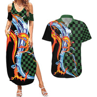 Japanese Asanoha Pattern Couples Matching Summer Maxi Dress and Hawaiian Shirt Sun Flame Slayer Dragon Hinokami Kagura Spirit - Polynesian Pride