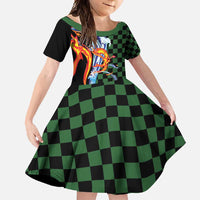 Japanese Asanoha Pattern Family Matching Summer Maxi Dress and Hawaiian Shirt Sun Flame Slayer Dragon Hinokami Kagura Spirit LT9 Daughter's Dress Green - Polynesian Pride