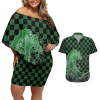 Japanese Asanoha Pattern Couples Matching Off Shoulder Short Dress and Hawaiian Shirt Water Breathing Slayer Dragon - Polynesian Pride