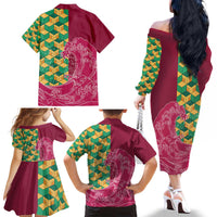 Japanese Bishamon-Kikkou Pattern Family Matching Off The Shoulder Long Sleeve Dress and Hawaiian Shirt Water Pillar Silent River Flow - Polynesian Pride