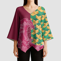 Japanese Bishamon-Kikkou Pattern Kimono Sleeve Blouse Water Pillar Silent River Flow - Polynesian Pride