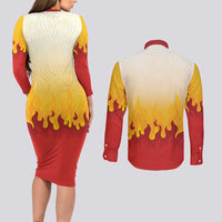 Japanese Kaen Pattern Couples Matching Long Sleeve Bodycon Dress and Long Sleeve Button Shirt Flame Pillar Blazing Lion Heart LT9 - Polynesian Pride