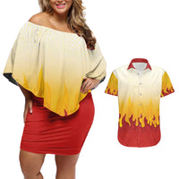 Japanese Kaen Pattern Couples Matching Off Shoulder Short Dress and Hawaiian Shirt Flame Pillar Blazing Lion Heart - Polynesian Pride