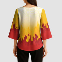 Japanese Kaen Pattern Kimono Sleeve Blouse Flame Pillar Blazing Lion Heart - Polynesian Pride
