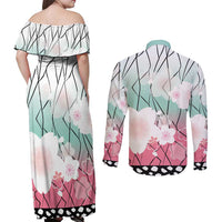 Japanese Kocho Pattern Couples Matching Off Shoulder Maxi Dress and Long Sleeve Button Shirt Insect Pillar Butterfly Flower Fairy LT9 - Polynesian Pride