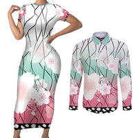 Japanese Kocho Pattern Couples Matching Short Sleeve Bodycon Dress and Long Sleeve Button Shirt Insect Pillar Butterfly Flower Fairy LT9 Pink - Polynesian Pride