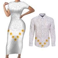 Tonga White Sunday Couples Matching Short Sleeve Bodycon Dress and Long Sleeve Button Shirts Polynesian Plumeria Tribal Simple LT9 White - Polynesian Pride