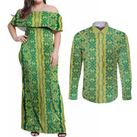 Hawaii Lei with Tribal Quilt Motif Couples Matching Off Shoulder Maxi Dress and Long Sleeve Button Shirt