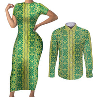 Hawaii Lei with Tribal Quilt Motif Couples Matching Short Sleeve Bodycon Dress and Long Sleeve Button Shirt