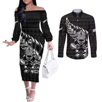 New Zealand Rugby Warrior Custom Couples Matching Off The Shoulder Long Sleeve Dress and Long Sleeve Button Shirt Black Fern Taniko Motif LT9 Black - Polynesian Pride