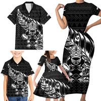 New Zealand Rugby Warrior Custom Family Matching Short Sleeve Bodycon Dress and Hawaiian Shirt Black Fern Taniko Motif LT9 - Polynesian Pride