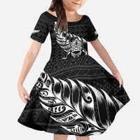 New Zealand Rugby Warrior Custom Family Matching Tank Maxi Dress and Hawaiian Shirt Black Fern Taniko Motif LT9 Daughter's Dress Black - Polynesian Pride
