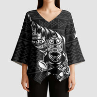 New Zealand Rugby Warrior Custom Kimono Sleeve Blouse Black Fern Taniko Motif - Polynesian Pride