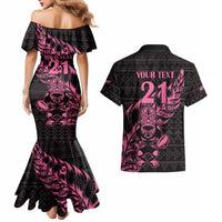 New Zealand Rugby Warrior Custom Couples Matching Mermaid Dress and Hawaiian Shirt Pink Fern Taniko Motif LT9 - Polynesian Pride