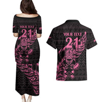 New Zealand Rugby Warrior Custom Couples Matching Puletasi and Hawaiian Shirt Pink Fern Taniko Motif