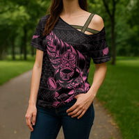 New Zealand Rugby Warrior Custom Cross Shoulder Shirt Pink Fern Taniko Motif LT9 - Polynesian Pride