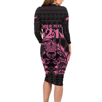 New Zealand Rugby Warrior Custom Family Matching Long Sleeve Bodycon Dress and Hawaiian Shirt Pink Fern Taniko Motif LT9 - Polynesian Pride