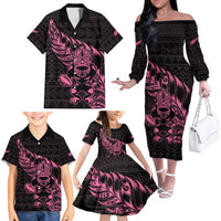 New Zealand Rugby Warrior Custom Family Matching Off The Shoulder Long Sleeve Dress and Hawaiian Shirt Pink Fern Taniko Motif