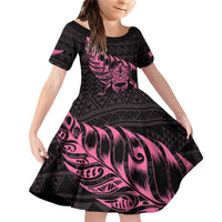 New Zealand Rugby Warrior Custom Family Matching Off Shoulder Short Dress and Hawaiian Shirt Pink Fern Taniko Motif