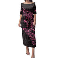 New Zealand Rugby Warrior Custom Family Matching Puletasi and Hawaiian Shirt Pink Fern Taniko Motif LT9 Mom's Dress Pink - Polynesian Pride