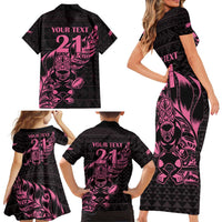 New Zealand Rugby Warrior Custom Family Matching Short Sleeve Bodycon Dress and Hawaiian Shirt Pink Fern Taniko Motif LT9 - Polynesian Pride