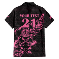 New Zealand Rugby Warrior Custom Family Matching Short Sleeve Bodycon Dress and Hawaiian Shirt Pink Fern Taniko Motif LT9 - Polynesian Pride