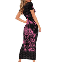 New Zealand Rugby Warrior Custom Family Matching Short Sleeve Bodycon Dress and Hawaiian Shirt Pink Fern Taniko Motif LT9 - Polynesian Pride
