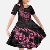New Zealand Rugby Warrior Custom Family Matching Summer Maxi Dress and Hawaiian Shirt Pink Fern Taniko Motif LT9 Daughter's Dress Pink - Polynesian Pride
